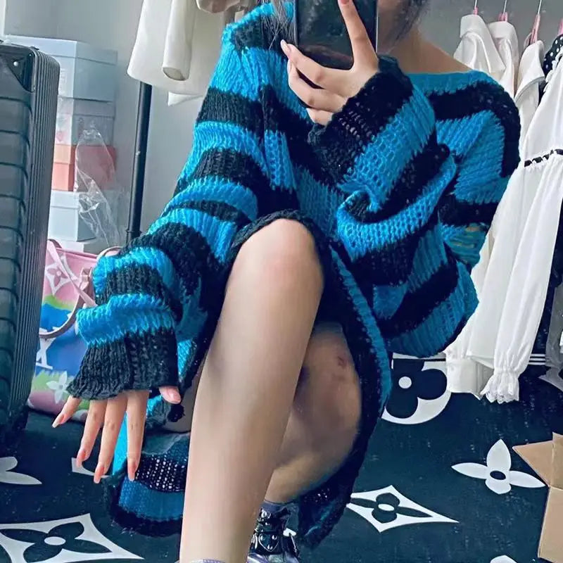 Punk Gothic Long Unisex Sweater Striped Cool Hollow Out Hole Broken Jumper