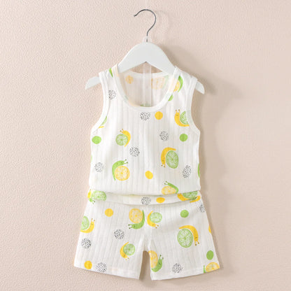 Cartoon Thin Style Sleeveless Baby Pajamas Set