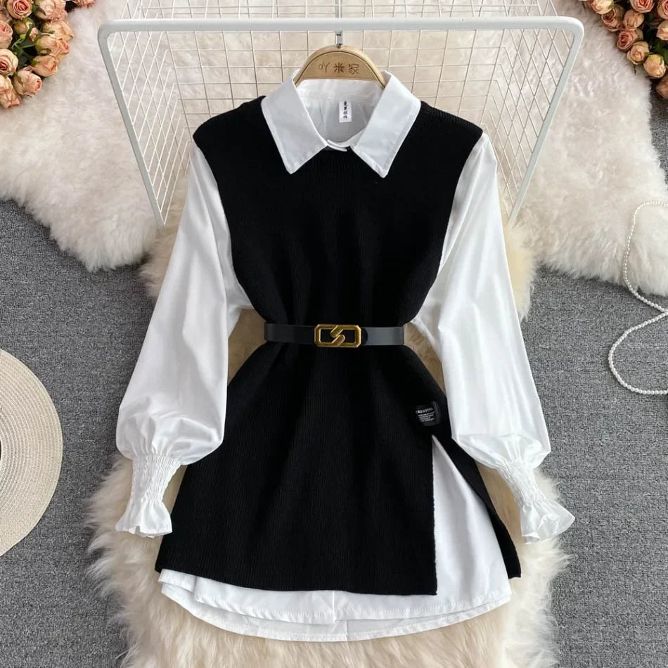 Chic Age-Reducing Long Sleeve White Shirt Sweater Loose Fit Knit Vest Pullover Set