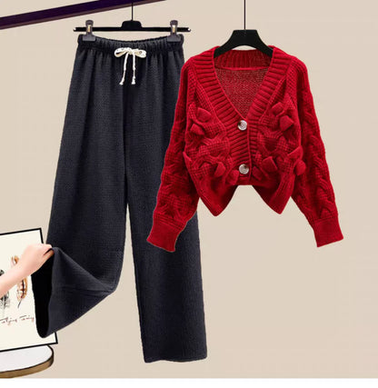 Korean Sweet Bow Outfit Long Sleeve Cardigan Knitwear Wide Leg Pants Set