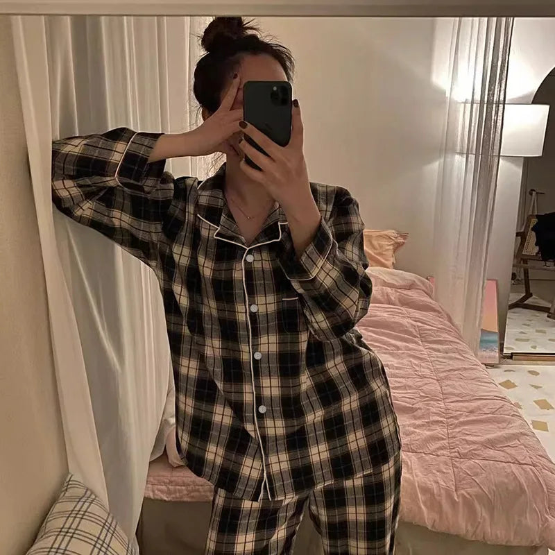 Japanese Casual Thin Style Plaid Lapel Cardigan Pajama Sets