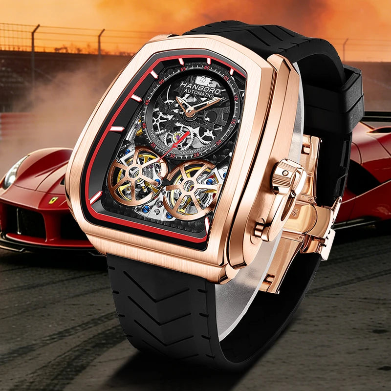Double Flying Wheel Skeleton Luxury Automatic Mechanical Stainless Steel Silicone