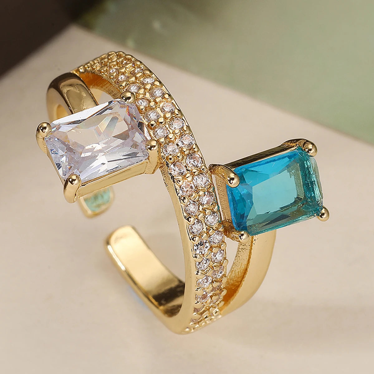 Gold Geometric Copper AAA+ Cubic Zirconia Ring
