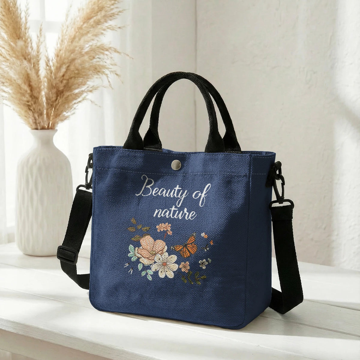 Floral Butterfly Letter Print Brown Canvas Tote Bag