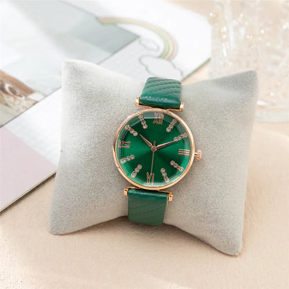 Luxury Diamond Roman Quartz Green Leather Strap Wristwatches