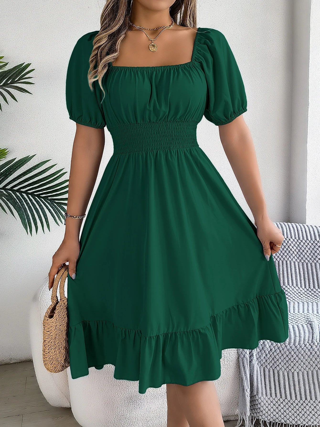 Puff Sleeve Square Neck Dress