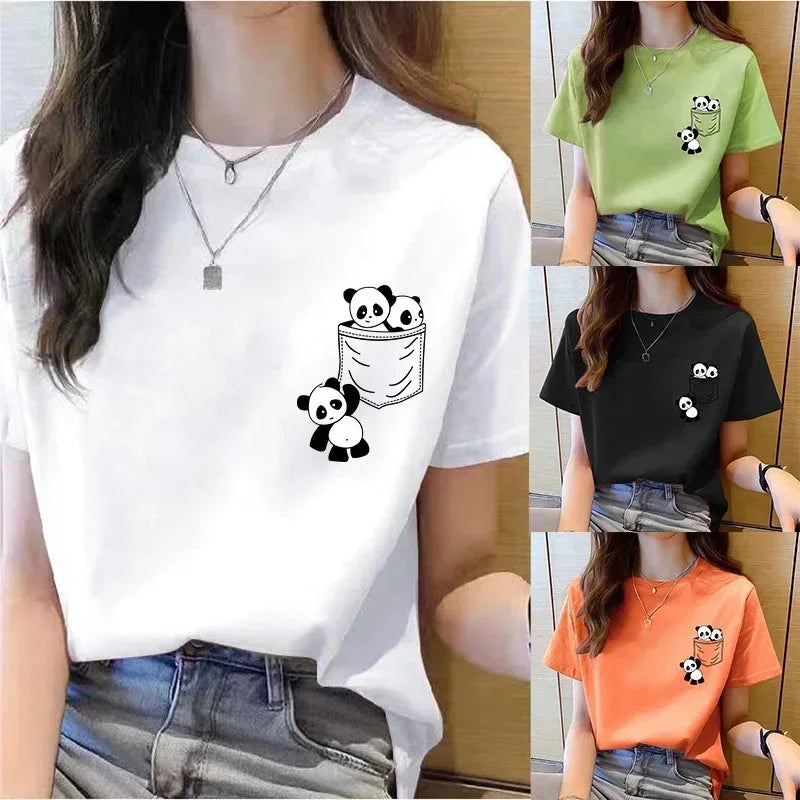 Short Sleeve Top Panda Cartoon Printed T-shirt