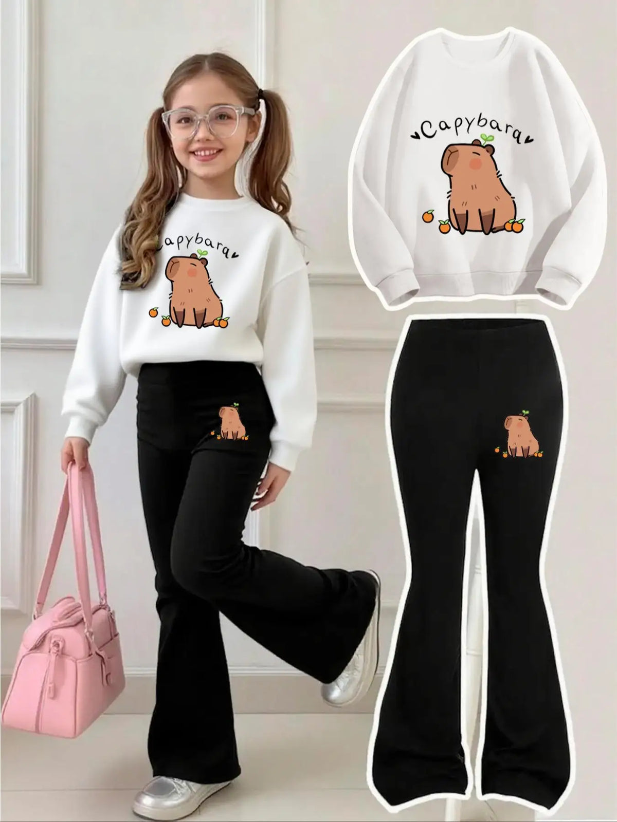 Cute Capybara Sweatshirt and Flared Pants Set for Aged 4-12