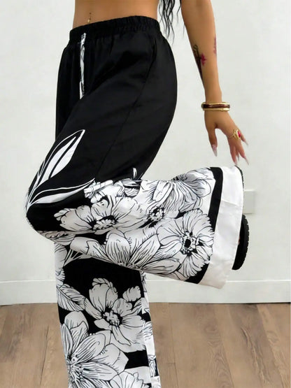 Large-Sized Printed Casual Tie Waist Wide-Leg Pants