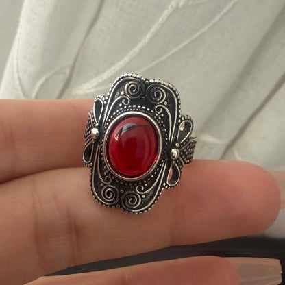 925 Sterling Silver Couple Minimalist Handmade Retro Red Big Stone Ring