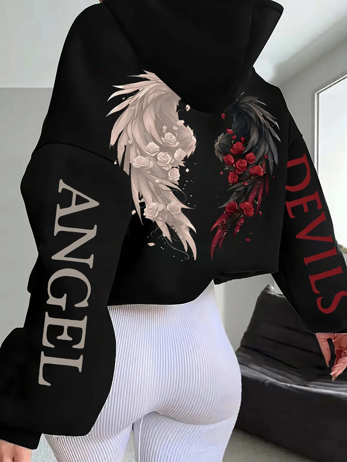 Plus-size Hooded Gothic Angel and Demon Pattern Fleece Oversized Streetwear