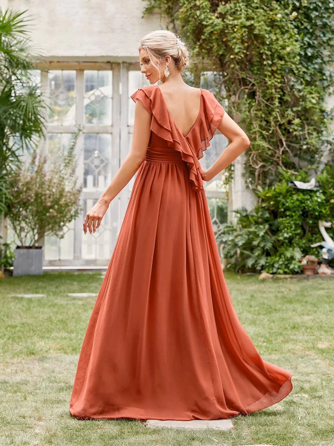 Mgiacy V-neck cap sleeve ruffle lace Extra long evening gown Ball dress