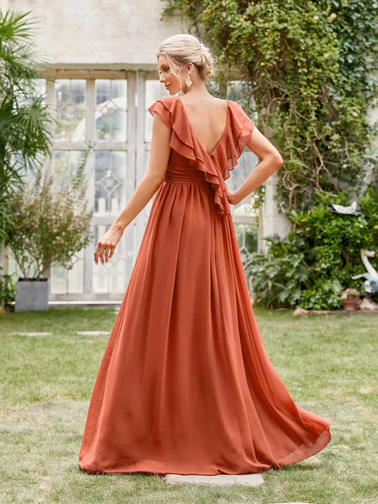 Mgiacy V-neck cap sleeve ruffle lace Extra long evening gown Ball dress