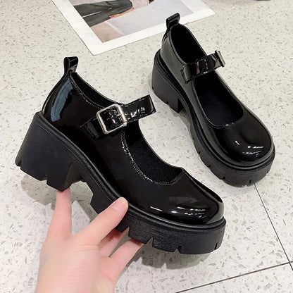Black Ankle Buckle Platform Pumps Japanese Style Leather Shoes