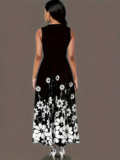Sleeveless printed loose round neck temperament dress