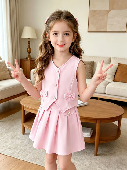 Pink Sleeveless Vest + Pleated Skirt Set