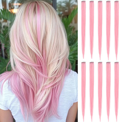 10Pcs Pink Clip in Hair Extensions Party Highlights Wig Synthetic Colored Straight Hairpiece