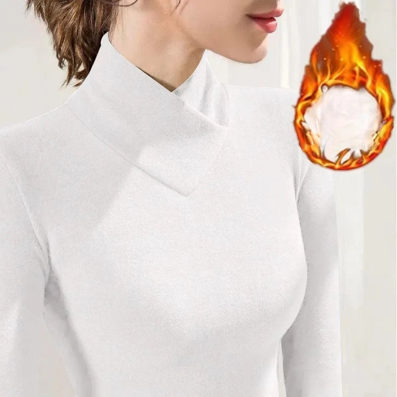 Semi High Neck V-neck Fleece Thermal T-shirt