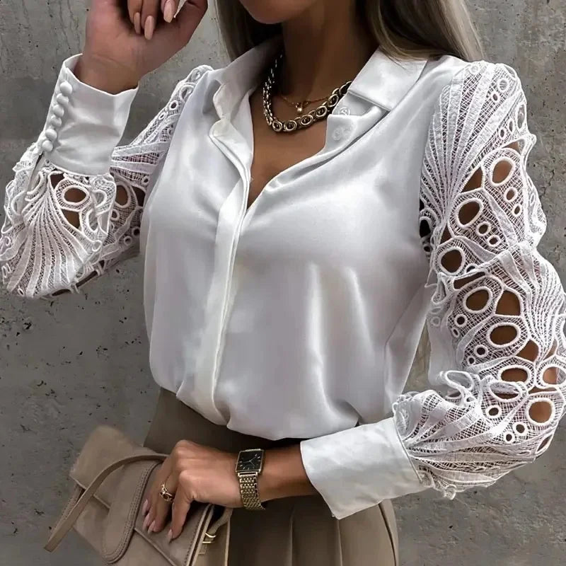 V-neck Lace Sleeve Cut-out Blouse