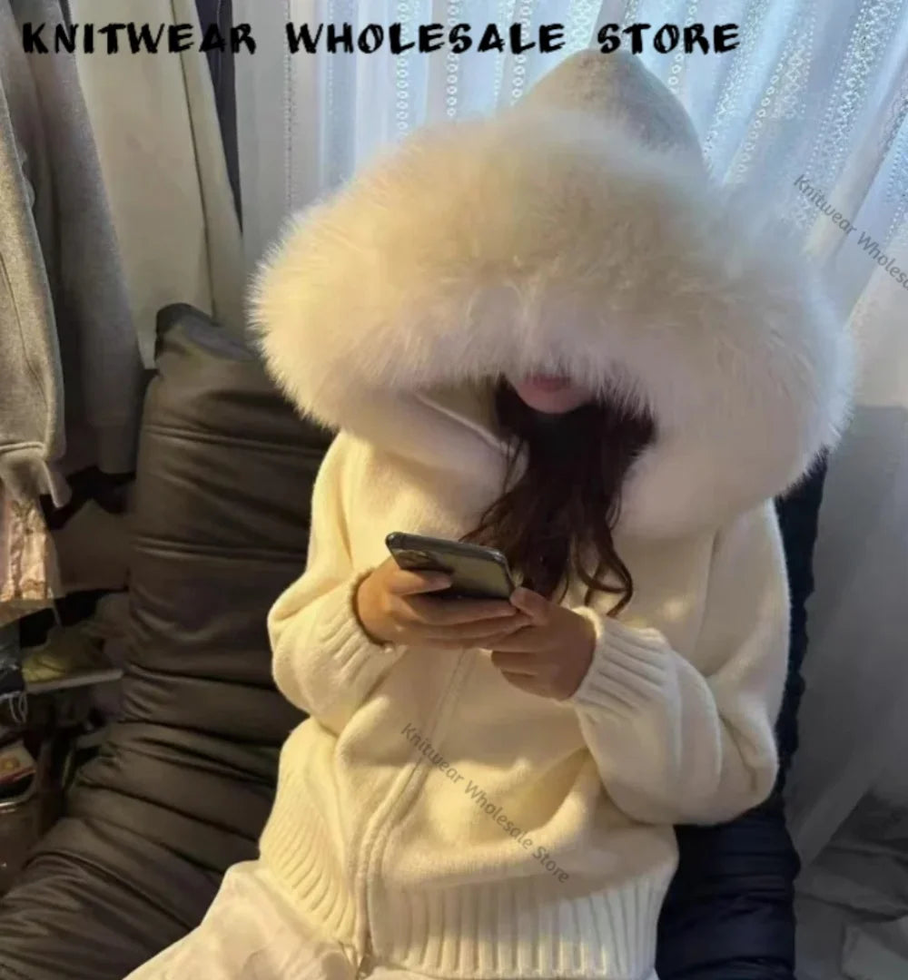Autumn Winter Casual Hooded Real Fox Fur Collar Short Knitted Jacket