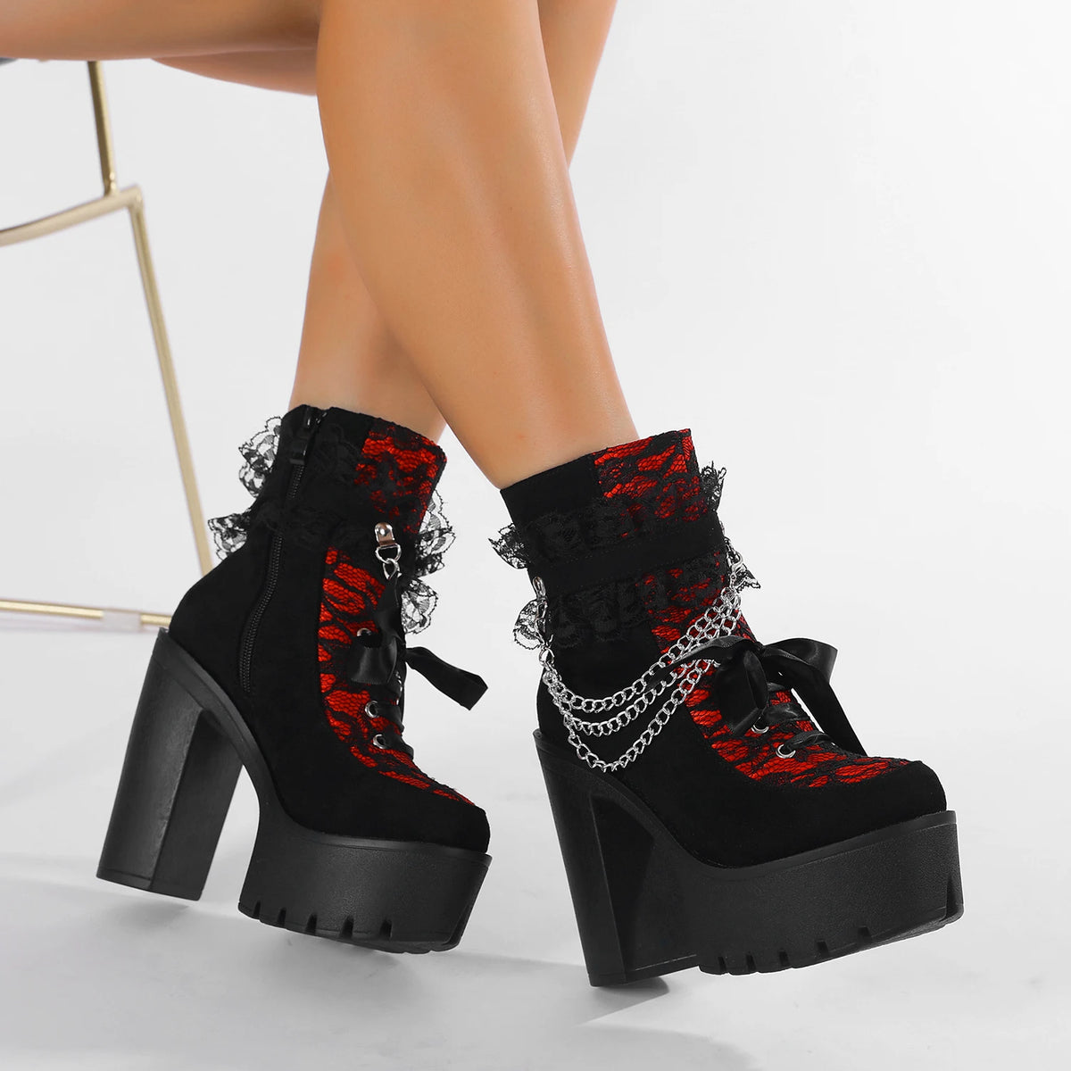 Gothic Lace Ankle Chunky Heel Side Zipper with Chain Platform Goth Boots
