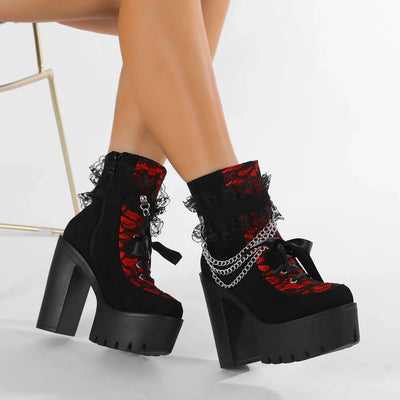 Gothic Lace Ankle Chunky Heel Side Zipper with Chain Platform Goth Boots