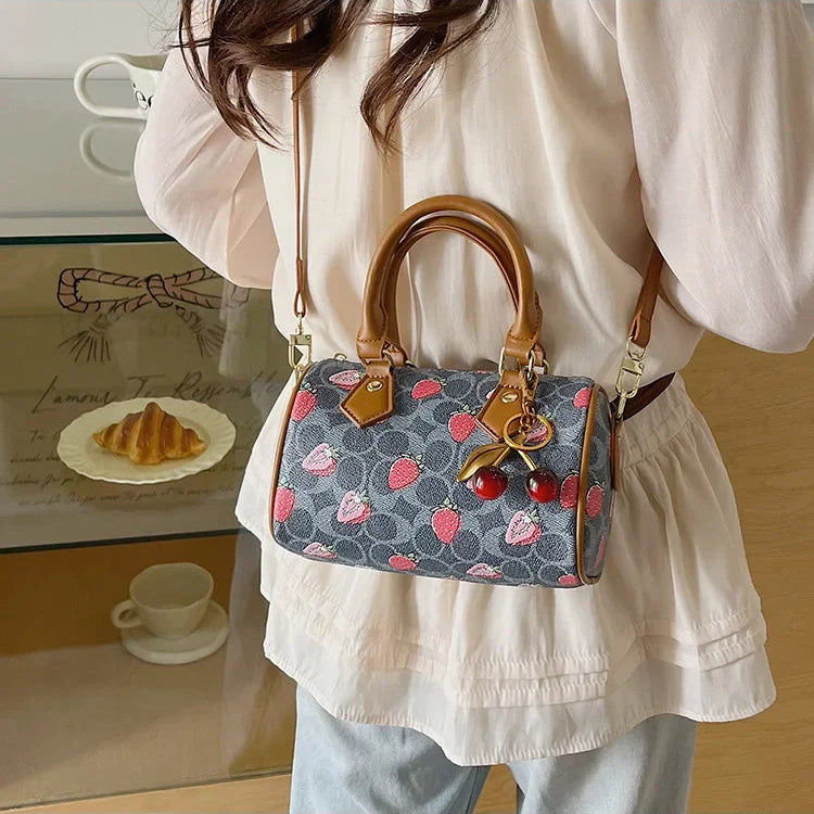 Crossbody Cherry Pattern PU Leather Boston Handbag Shoulder Bags
