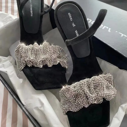 PU High Heels Square Toe 7 Cm Rhinestone Pumps Bling Shoes
