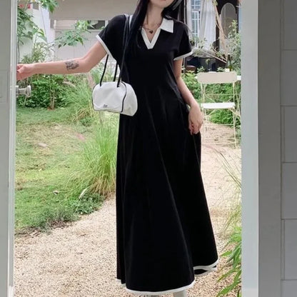 Midi Black Vintage Korean Style Elastic Long Sleeved Sports Dress