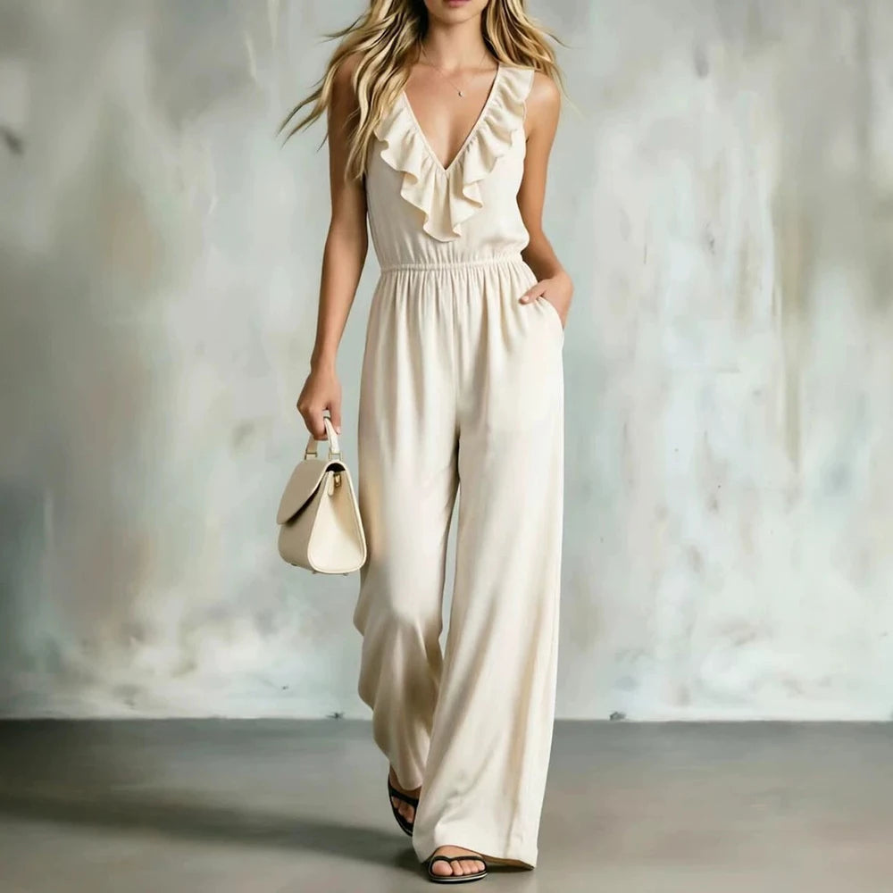 Boho Ruffle V Neck Wide Leg Casual Sleeveless Strap Jumpsuit