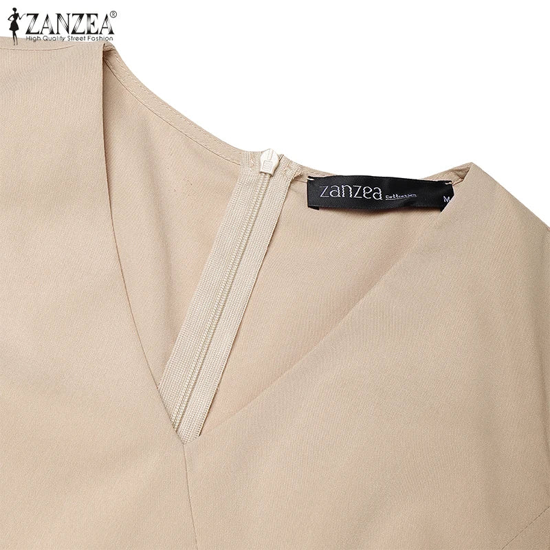 فستان أنيق مطوي بأكمام منتفخة وفتحة رقبة على شكل حرف V