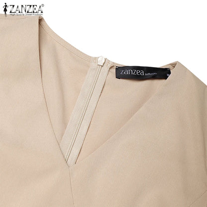 فستان أنيق مطوي بأكمام منتفخة وفتحة رقبة على شكل حرف V