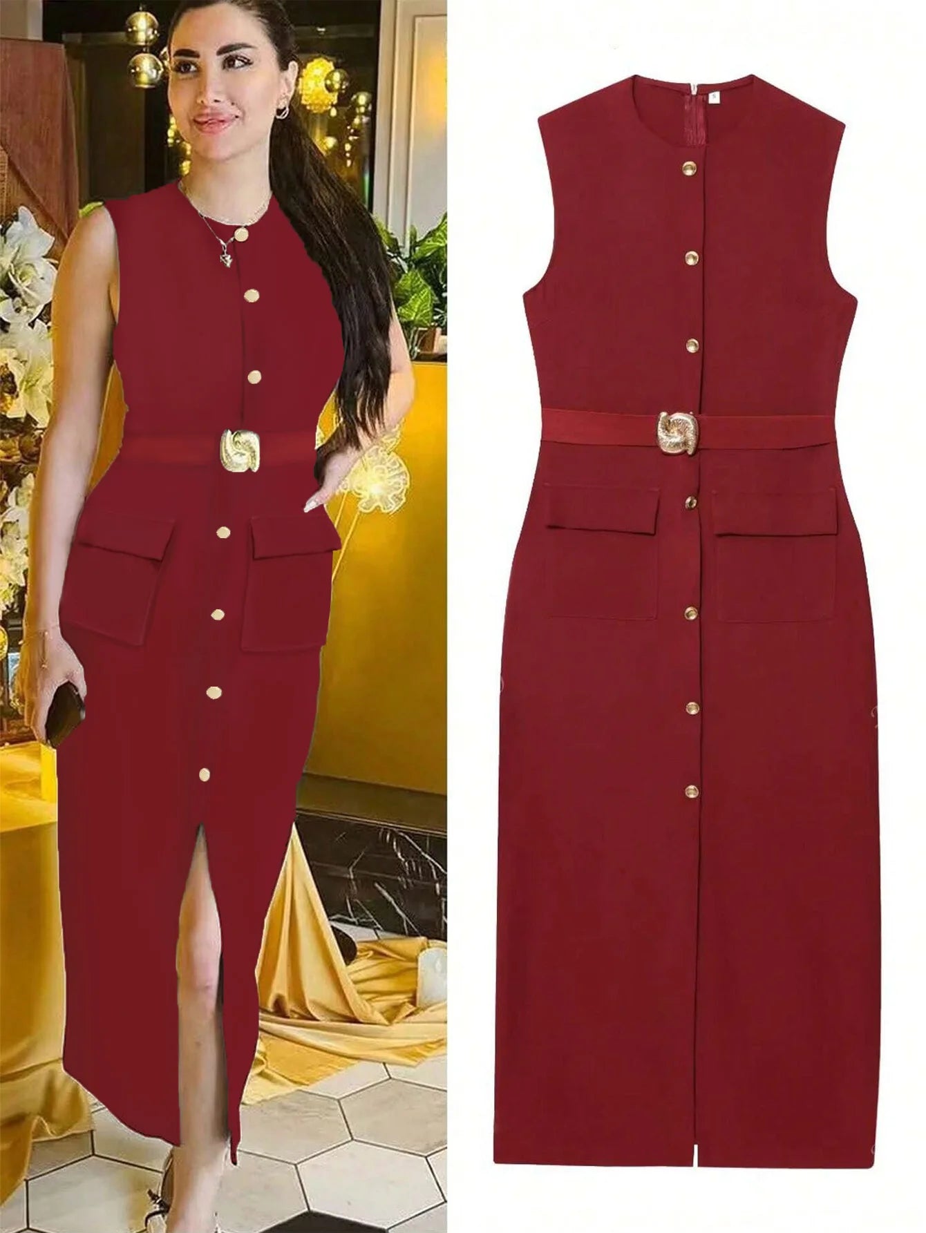 Elegant Sleeveless Button Down Ashirt dress with Belt Front Slit Dress