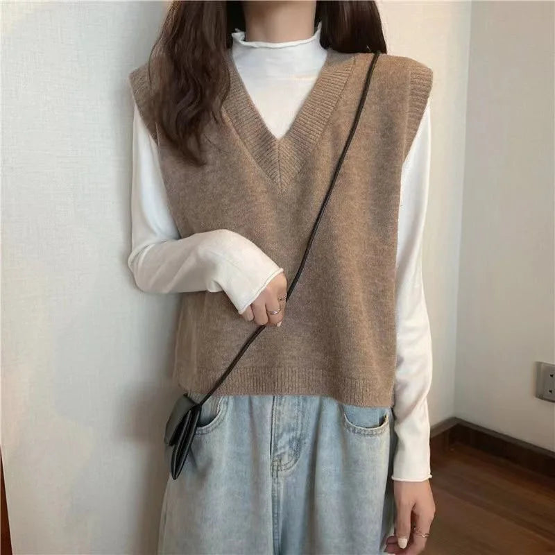 V-neck Knitted Vest Vintage Sleeveless Sweater Waistcoat Korean Chic