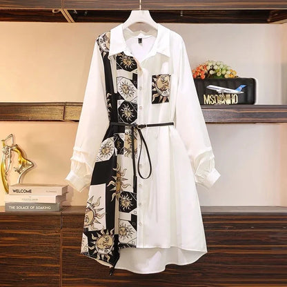 Vintage Print A-Line With Belt Loose Polo Neck Dress