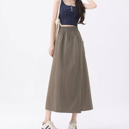 Loose Fit Thin Pants High Waist Slit Korean Midi Cargo skirt