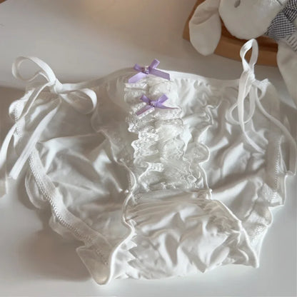 Double Bow Lace Ruffle Cute Underpants Low Waist Lace Up Ice Silk Breathable Panties