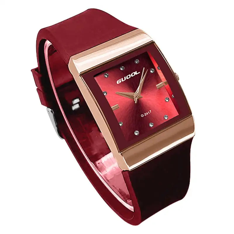 Quartz Rose Gold Square Case Black Silicone Strap Dial Crystal Watch