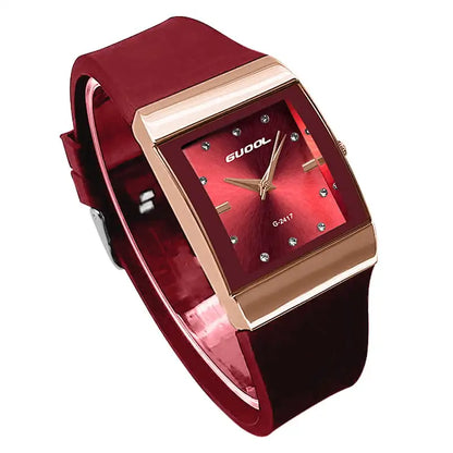 Quartz Rose Gold Square Case Black Silicone Strap Dial Crystal Watch