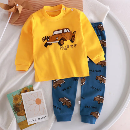 Autumn Cartoon Cat Print Long Sleeve Cotton Sleepwear Pajamas Set