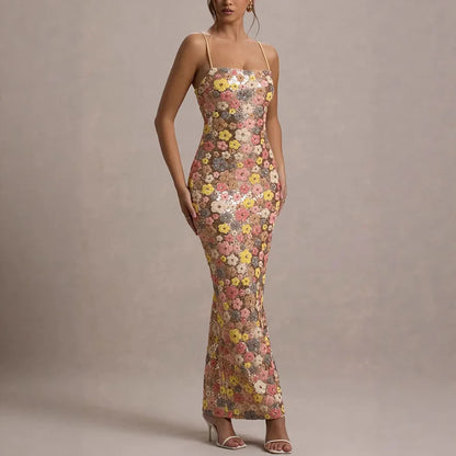 Flowers Sequin Patchwork Slim Long Dress