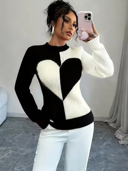 Colour-Block Heart Pattern Knitted Round Neck Long-Sleeve Casual Sweaters