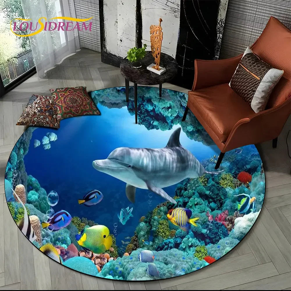 3D Seabed Illusion Underwater World Dolphin Round Area Rug
