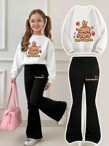 Capybara Milk Tea Sweatshirt and Flared Pants Set