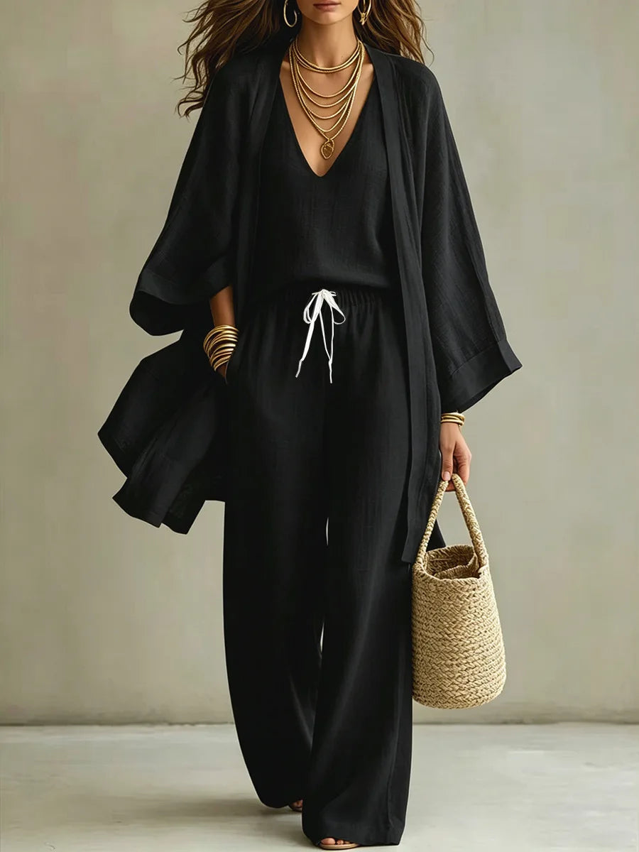 White V Neck Tank Top Wide Leg Pants Kimono Cardigan 3 Piece Set