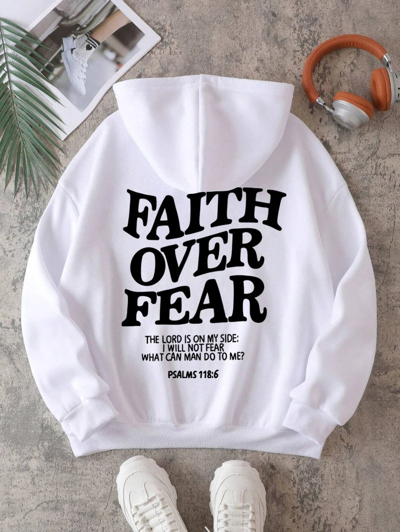 Casual Hoodies Faith Over Fear Letter Printing Sweatshirts Pocket Pullovers