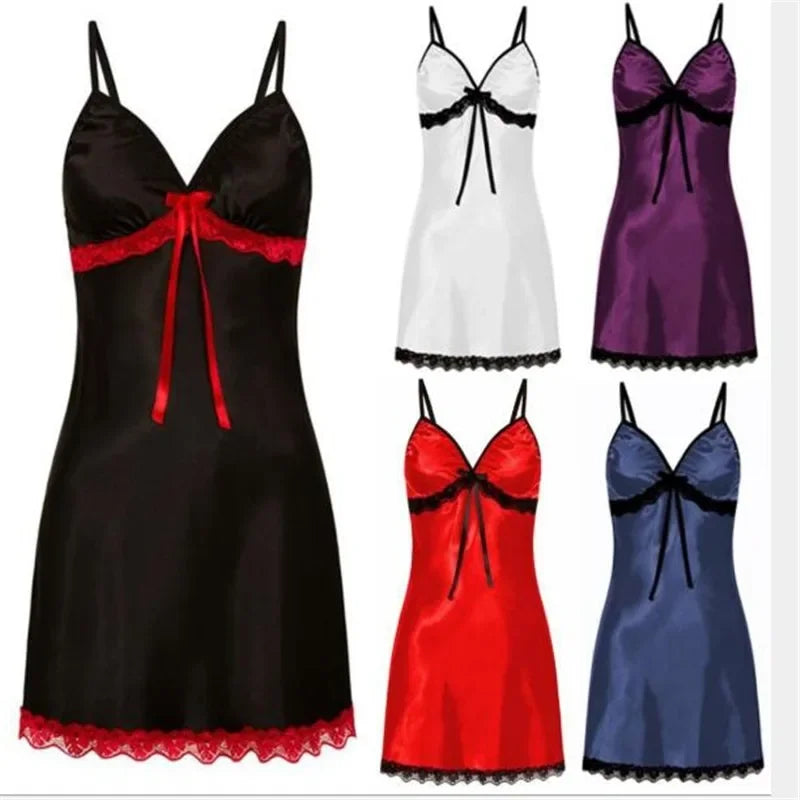 Silk Imitation Lace Bow Strap Sleeping Pyjamas Dress