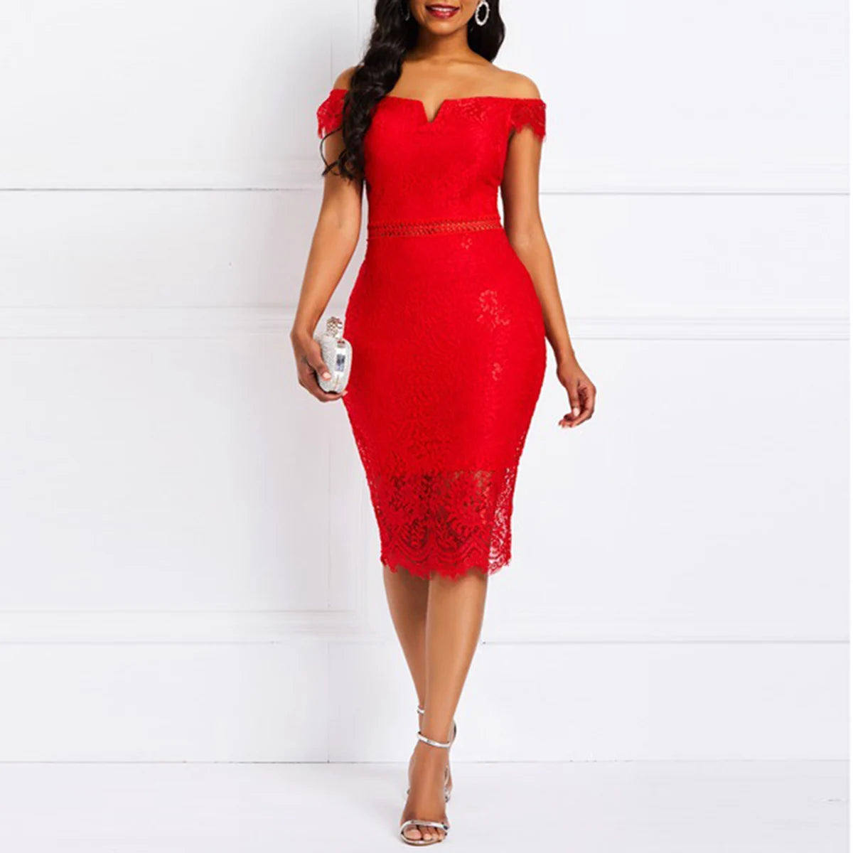Sexy short-sleeved V-neck lace dress