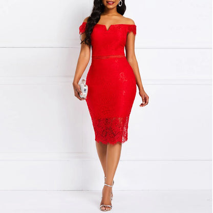 Sexy short-sleeved V-neck lace dress