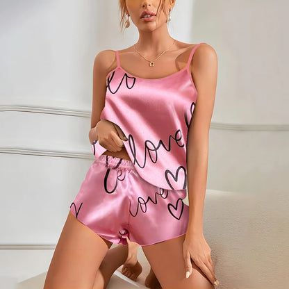 Heart Print Satin Sexy V Neck Pyjama set